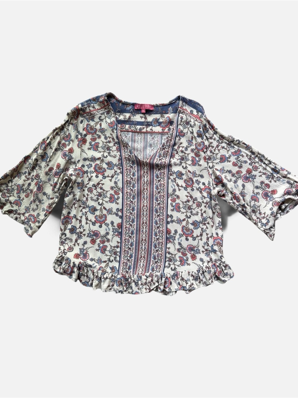 Boho Floral Peasant Blouse in Cream and Blue - Women's Top
